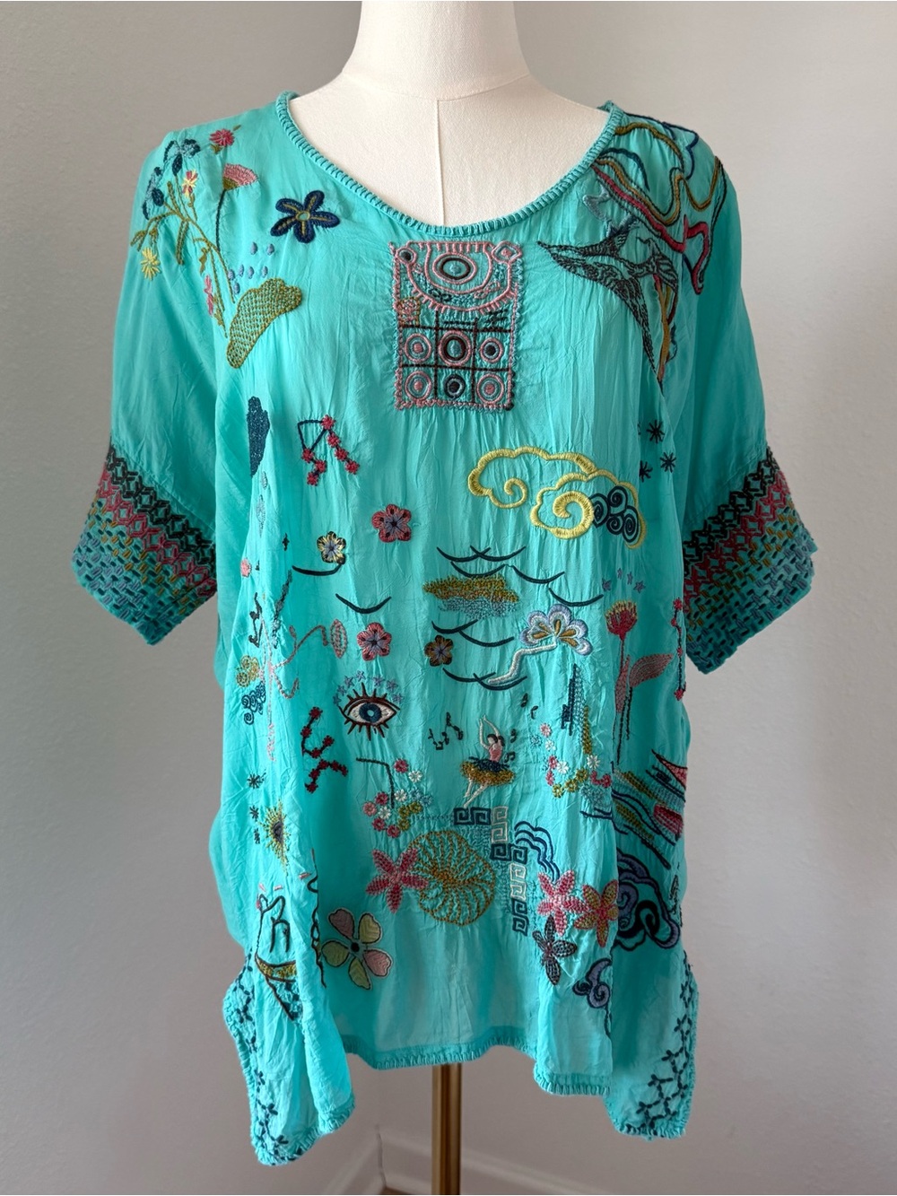 Johnny Was Linsey Nathaly Blouse 100% Cupra Rayon Turquoise Embroidered Boho M